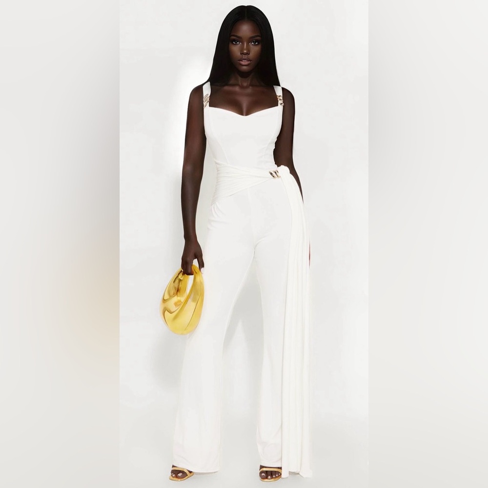 Fashion Nova White Wide-Leg Jumpsuit with Draped Side Sash